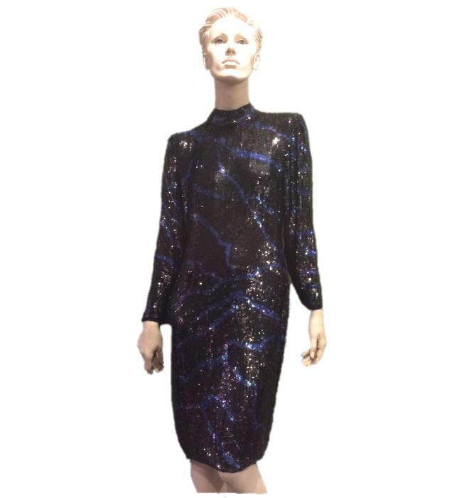 Size: 8 (est.)

Bill Blass black sequin gown with lines of purple/blue.