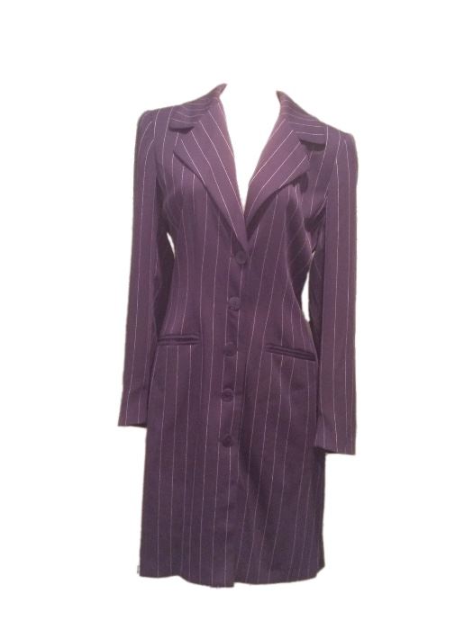 Size: 8

Mary McFadden classic, navy blue, pinstriped coat lined in navy. Buttons down front. 2 front pockets.