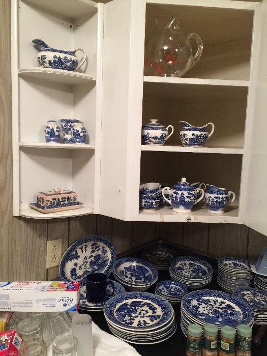Blue Willow plates, cups, cream and sugar, gravy boat, salt and pepper, butter dish 