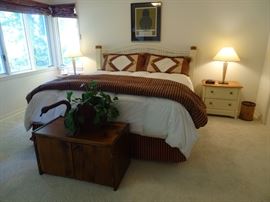 Thomasville six piece king-size bedroom suite (bed with like-new mattress/box springs, two end tables, one three drawer chest & one dresser w/mirror).