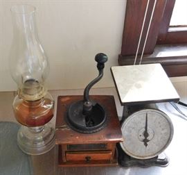 vintage Scale, coffee grinder, oil lamp