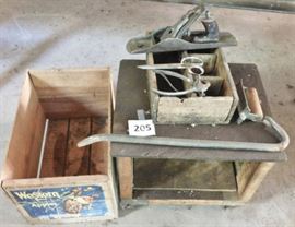 vintage fruit crate, rolling seat cabinet and tools, lot 205