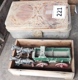 vintage jewelry box and cast iron wagon