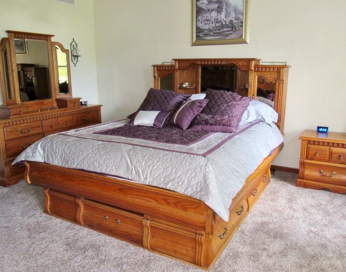 Solid Oak King Size Bed, 2 Night Stands, Mirrored Dresser, Chest of Drawers from Oakwood Interiors, Brea, CA