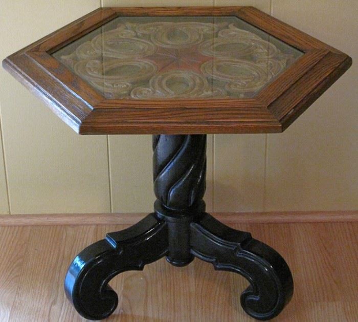 Hexagon Carved Top Oak Table with Glass Inset on a Black Scroll Leg Pedestal Base