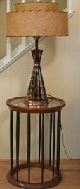 Mid Century Black & Gold Ceramic Lamp with Original 2-Tier Fiberglass Shade on a Mid-Century Glass Top Walnut Spindle Barrel Base Occasional Table