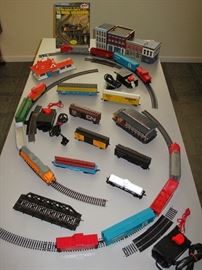 Bachmann HO Scale Train Sets and Accessories shown with Design Preservation Models HomScale Buildings.  Lots of Bachmann and Atlas Accessories in Original Packages not shown.