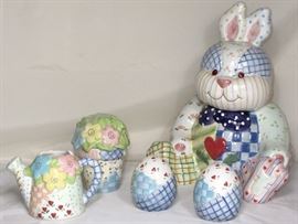 Ceramic Patchwork Bunny Cookie Jar, Egg Shaker Set and Flower Pot Sugar & Flower Waterer Creamer