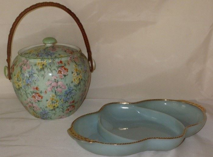 Shelley "Melody" Chintz Biscuit Barrel - Fire King Turquoise Blue Gold Trim Glass 3 Part Relish
