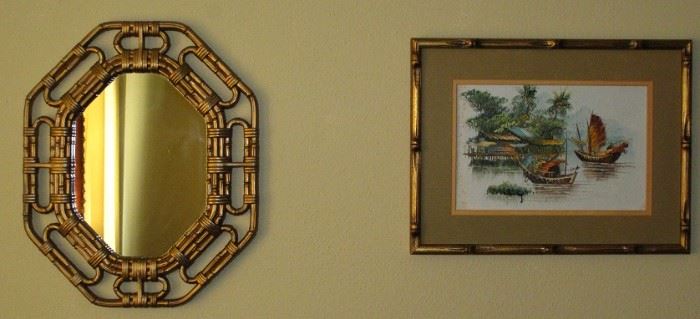 Homeco Syrocco 1983 Accent Mirror and an Original Oil Oriental Boat Scene Matted & Framed in Gold Leaf Bamboo Style Frame