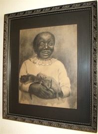 Charcoal of a Black Child with Kittens (11 X 14) Black matted & framed