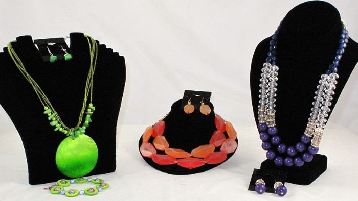 Necklace & Earring Sets: (Dyed Lime Green She'll Pendant SOLD) and Bracelet, Acrylic Faceted Oval Acrylic Double Strand Necklace & Earrings, Purple and Lucite Beadswith Matching Earrings