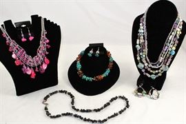 Dyed Fuchia Shells Multi Strand Necklace with Matching Earrings, Turquoise Chips and Amber Beads with Matching Earrings, Lavender, Blue & Green Glass Beads & Stones Multi Strand Necklace and matching Earrings.