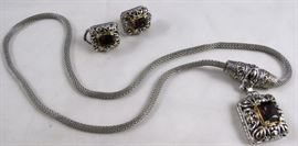 Silvertone Mesh Chain Necklace with Amethyst Rhinestone Setting and Matching Pierced Earrings