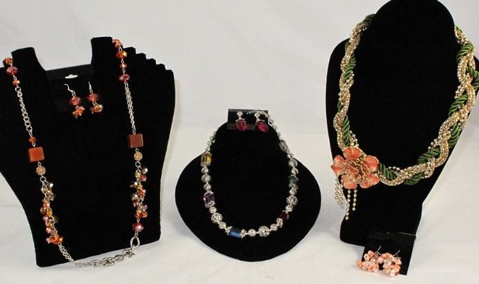 (Orange Ctystal beads & Chain Necklace with Matching Earrings SOLD), Silver Tone Beads with Multi Color Faceted Glass Beads and Earrings, Braided Satin Cord and (Beads/Pearls with Large Enamel Flow NecklaceSOLD)