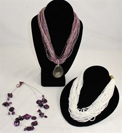 Multi Strand Seed beads with Shell Pendant Necklace, White Seed Bead Multi Strand Necklace and 2 Strand Amethyst Glass Beads on Mylar. 