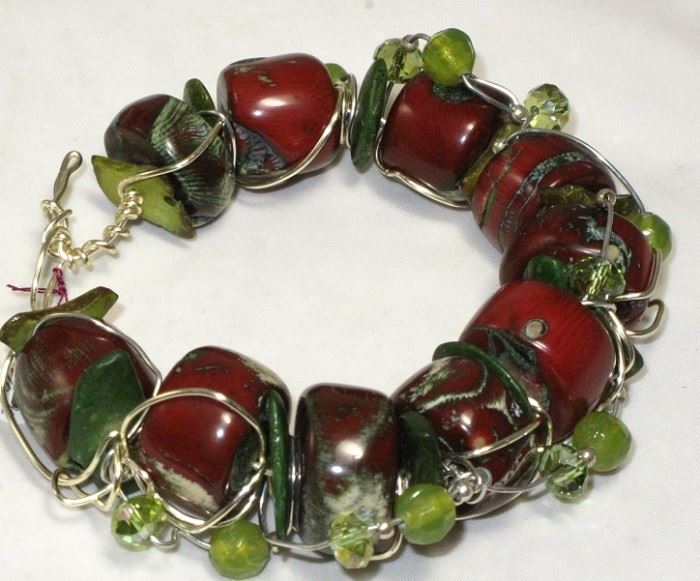 Silver Wire Wrap Rare Large Red Coral Beads and Green Stone beads