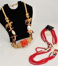 Wood  Giraffe  & Lion Safari Necklace and Dyed Puka Shell Multi Strand Necklace with Matching Earrings