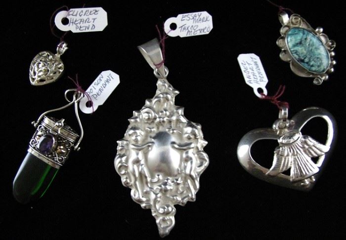 Various Sterling Pendants:  Filigree Heart, Emerald Stone with Sterling Box Top, Large Sterling Cherubs Pendant, Open Heart with Angel & Turquoise Stone in Silver Mounting