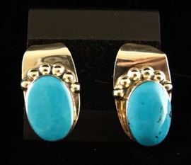 Sterling Pierced Earrings with Oval Turquoise Stone