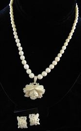 Vintage 1940's Bone??? Ivory Color )Rose carved pendant SOLD) and Screw Back Earrings 