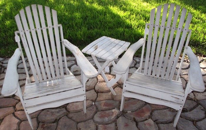 Adirondack white painted Wood Chairs and a Folding Slat Top Table (1 of 2 Shown)