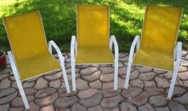 White Metal Lawn/Patio Chairs (3 ea) with Yellow Nylon Mesh Seating