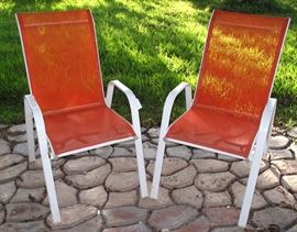 White Metal Lawn/Patio Chairs (2 ea.) with Orange Nylon Mesh Seating
