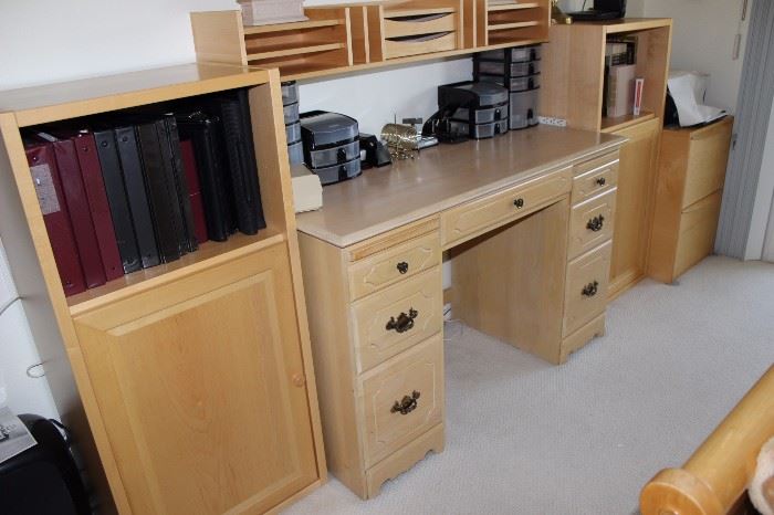Computer desk, bookcase cabinets and file cabinet.