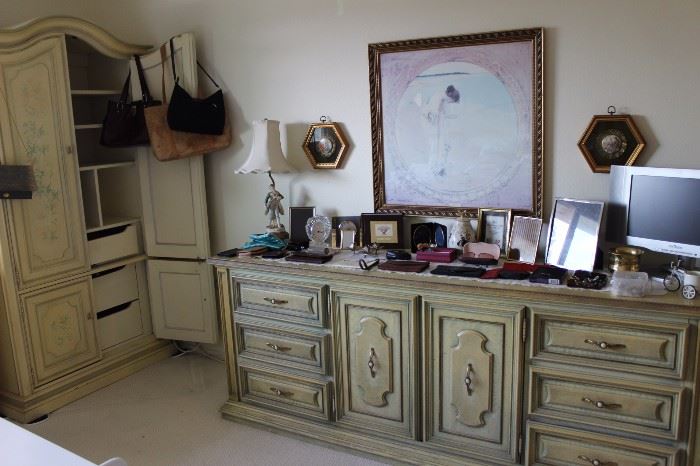 Chest of drawers, purses, frames, clocks, small flat screen TV, wallets, gloves, doilies, framed porcelain medallions.