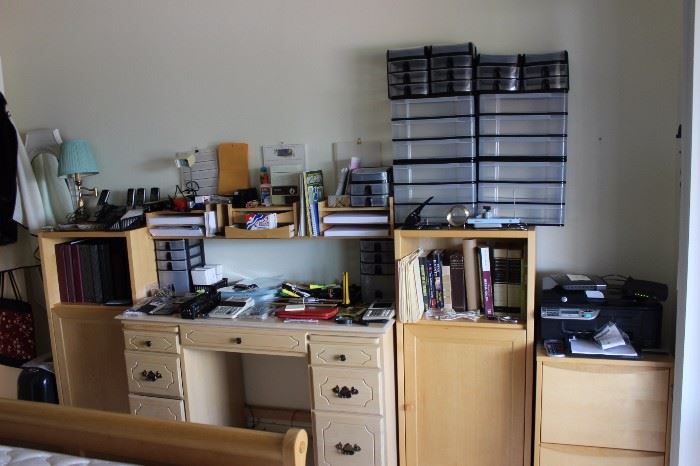 Office storage drawers, computer desk, bookcases and filing cabinets, shredder, telephones and office supplies.