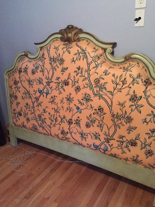 King size headboard (Widdicomb), carved & painted wood frame, upholstered.