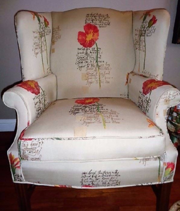 Cute winged back chair
-Small quotes on it along with red and yellow flowers -Has been reupholstered (minor normal wear) : 29"W x 31"D x 40"H
