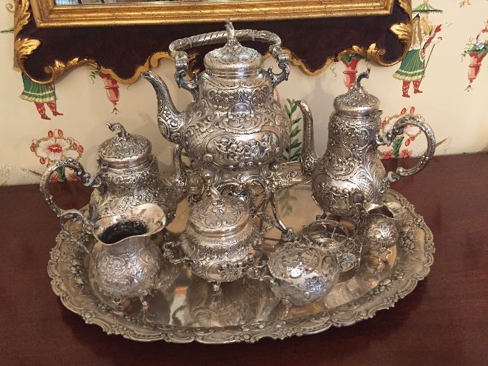 Ornate Antique German Repousse  800 Silver Tea Set & Sterling Silver Tray 