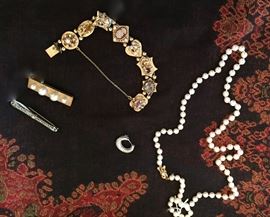 14 KT slide bracelet, Mikimoto pearls, bar pin and more