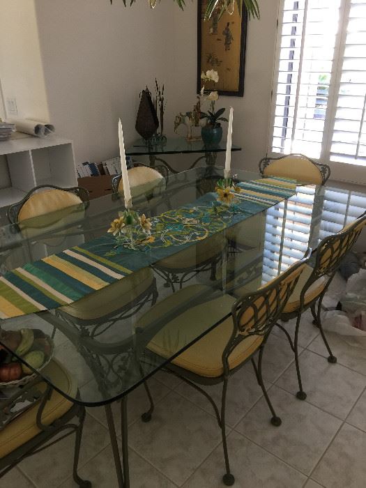 Vintage style dining room table with 2 captain chairs and 4 straight back chairs, wrought iron