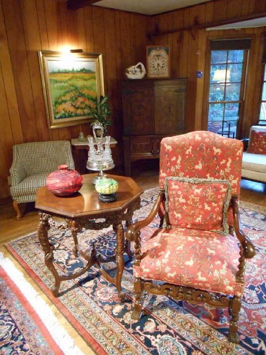 Walnut Library Chair, Mahogany Renaissance Revival Lamp Table