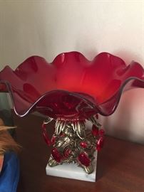 ornamental red rouge vase with metal and marble base