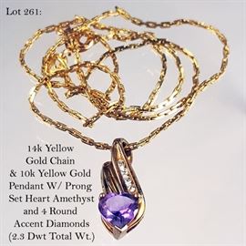 Jewelry 14k Yellow Gold Chain, 10k Amethyst Heart Diamond Accent Pendant