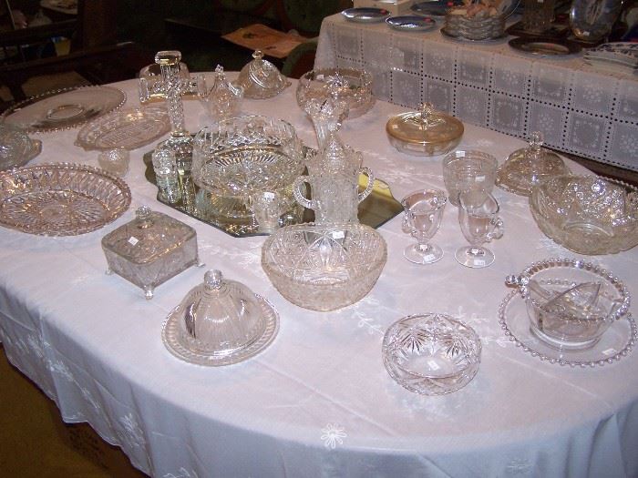 Pattern glass, crystal, Hawkes platter, Waterford bowl