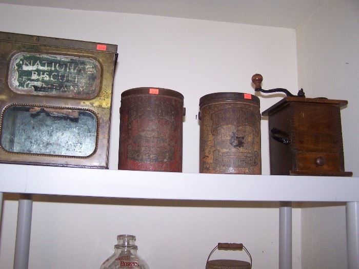 Antique biscuit box, coffee cans, coffee grinder