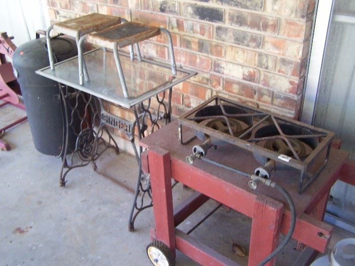 Propane grill, Singer sewing machine base, elect. smoker