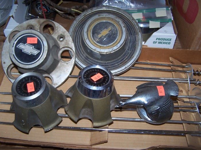 Chevy. & Thunderbird hub caps, vintage radiator cap