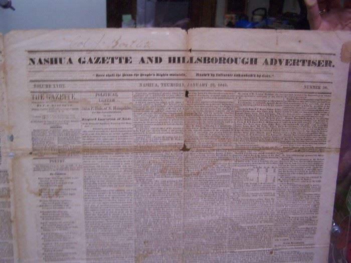 Nashua Gazette and Hillsborough Advertiser news paper dated 1847 with article regarding the Proposed Annexation of Texas
