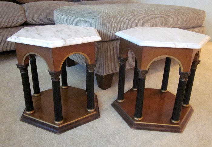 Grecian style side tables.  Wood arched bases with arches and Grecian columns and solid marble tops.  18" wide, 17-1/2" tall