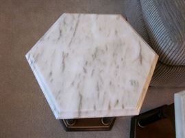 Grecian style side tables. Wood arched bases with arches and Grecian columns and solid marble tops. 18" wide, 17-1/2" tall