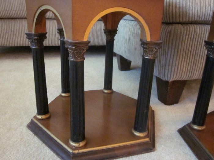 Grecian style side tables.  Wood arched bases with arches and Grecian columns and solid marble tops.  18" wide, 17-1/2" tall