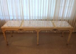 Extra long console (or coffee) table with three section Italian marble top. 71" long, 20" deep, 22-1/2" high