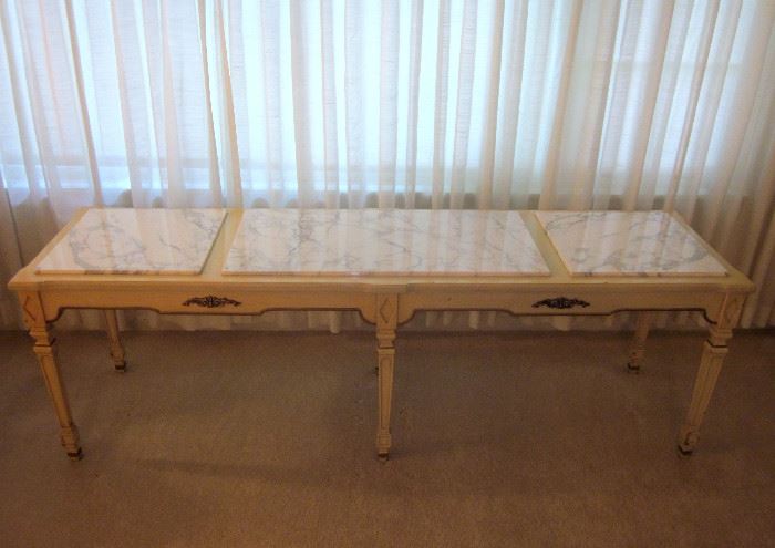 Extra long console (or coffee) table with three section Italian marble top.  71" long, 20" deep, 22-1/2" high
