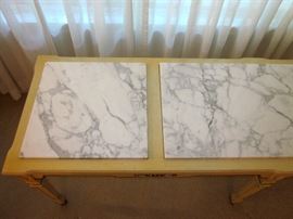 Extra long console (or coffee) table with three section Italian marble top. 71" long, 20" deep, 22-1/2" high